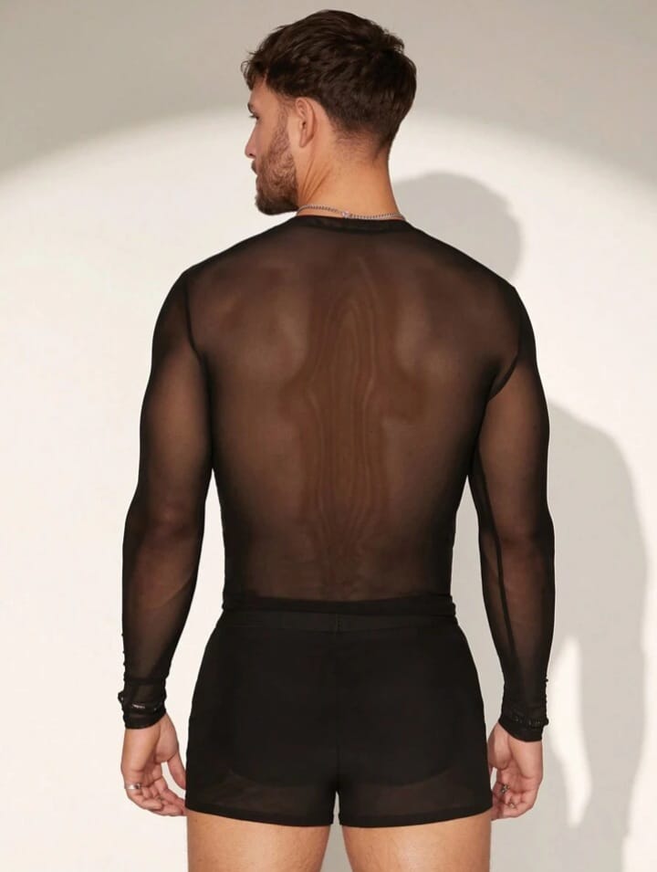Crystal City Men's Rhinestone See-Through Mesh Long Sleeve Tight-Fitting Sleepwear